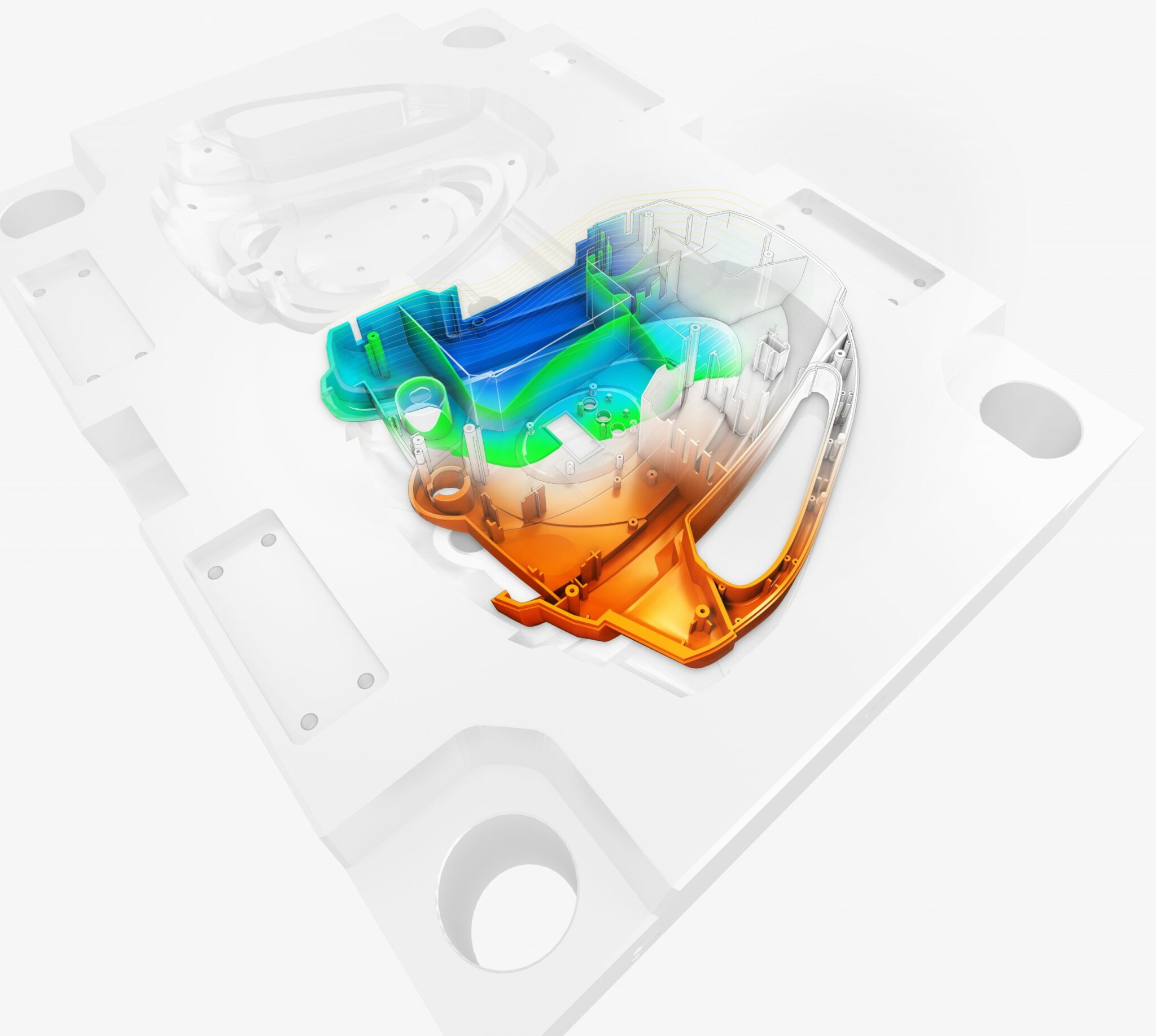 Moldflow Summit hero image. The image is derived from a multi-cavity injection mold or family tool with the gating locations in the center of tool.  The colored areas represent the flow of plastic into the injection mold.  
The image is intended to be cropped to represent a complex plastic part and injection mold.
NOTE: The primary use of this image is for the global Moldflow Summit event series running from June to October 2018. Please use this image in conjunction with the Moldflow Summit event series, or for internal Autodesk use during this timeframe. If you have usage questions, please contact Steve Slack at Steve.Slack@autodesk.com.