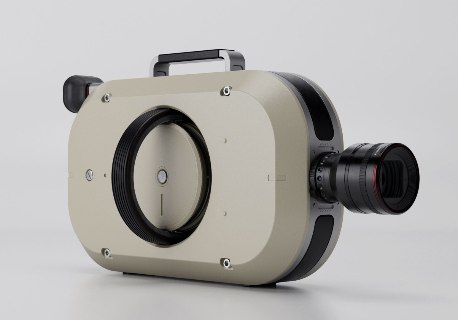 Rendering of a fictional consumer product (cinematic camera) designed, modeled and rendered using Fusion 360 Product Design Extension which provides access to advanced 3D design and modeling tools that simplify the product development process and enable an automated approach to creating complex product designs.